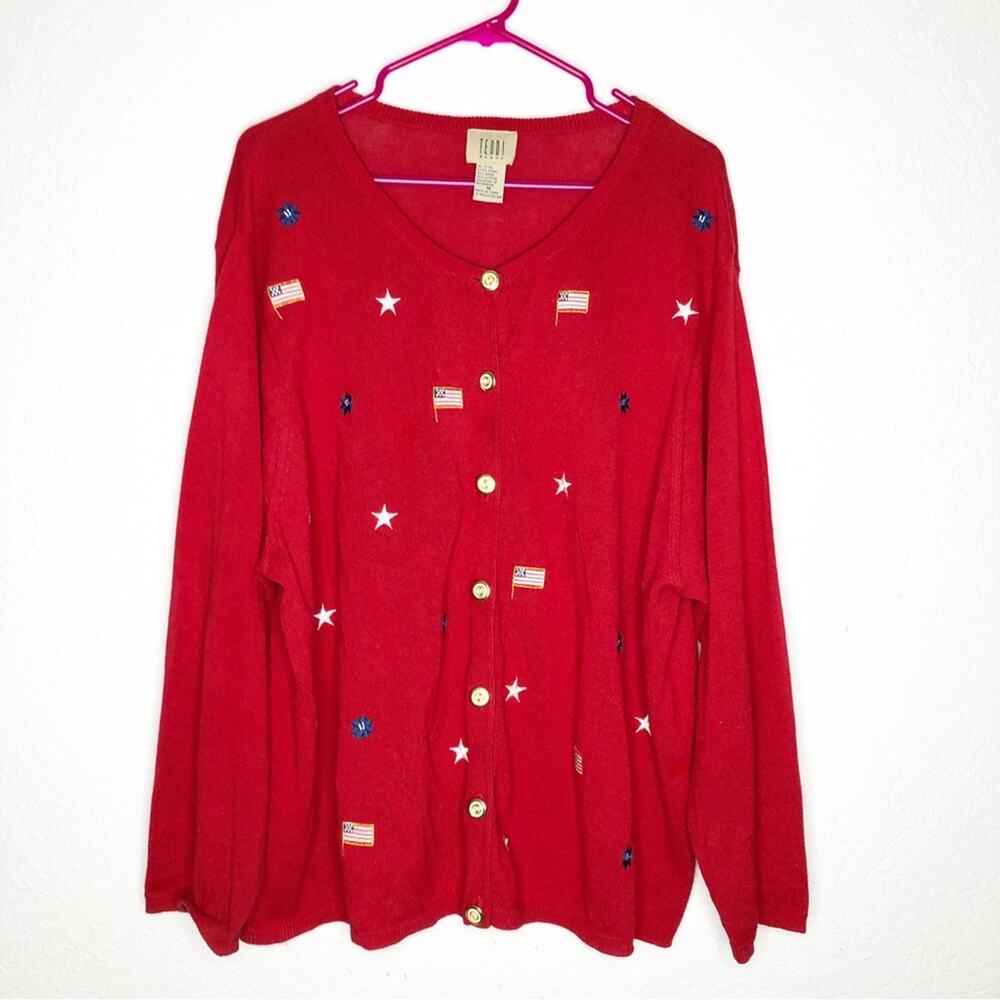 Vintage red white blue American flag button front cardigan size 1X 4th of July